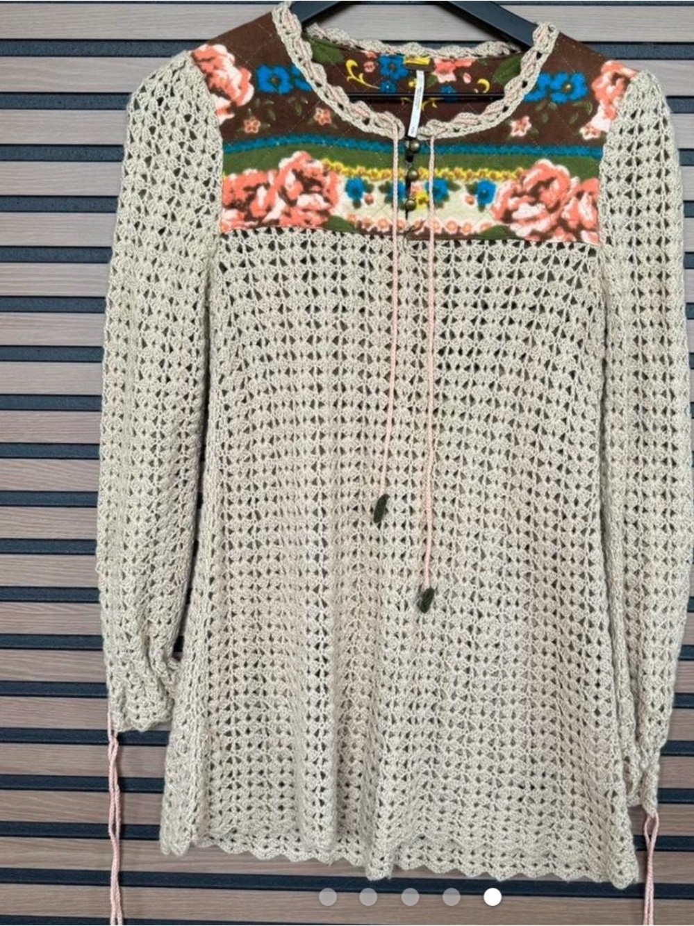 Free People Cream Crochet Knit Top with Brown Floral Yoke